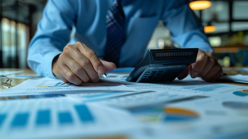 Businessman Analyzing Financial Documents with Calculator